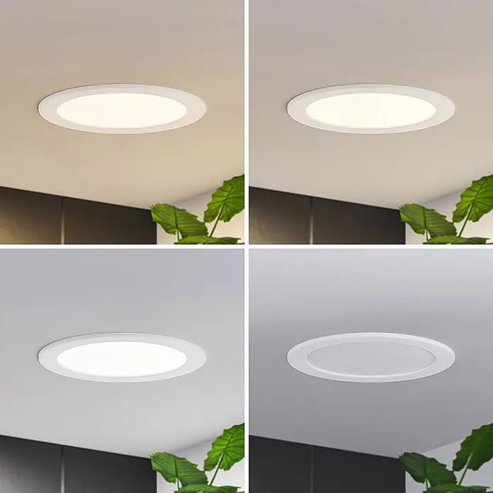 Prios Deckenstrahler Cadance - L x B x H: 22 x 22 x 3,2 cm, weiß / opal, weiß / opal - Weiße runde LED-Deckenleuchte, zeigt warmes, neutrales und kaltweißes Licht sowie ausgeschaltet.