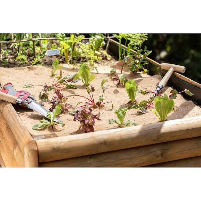 Windhager Unkrautvlies Greenline - Jute, L x B: 2 x 1 m - Hochbeet aus Holz mit Pflanzen in einer Kokosmatte, Schaufel und Handschuhe liegen am Rand.