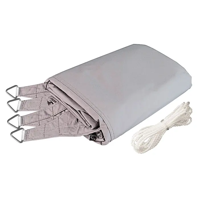 Windhager Sonnensegel Repet - Hellgrau, 100 % Polyester, L x B: 1,4 x 2,7 m, 1 Stk. - Gefaltetes graues Sonnensegel mit D-Ringen und einer Rolle weißem Seil.