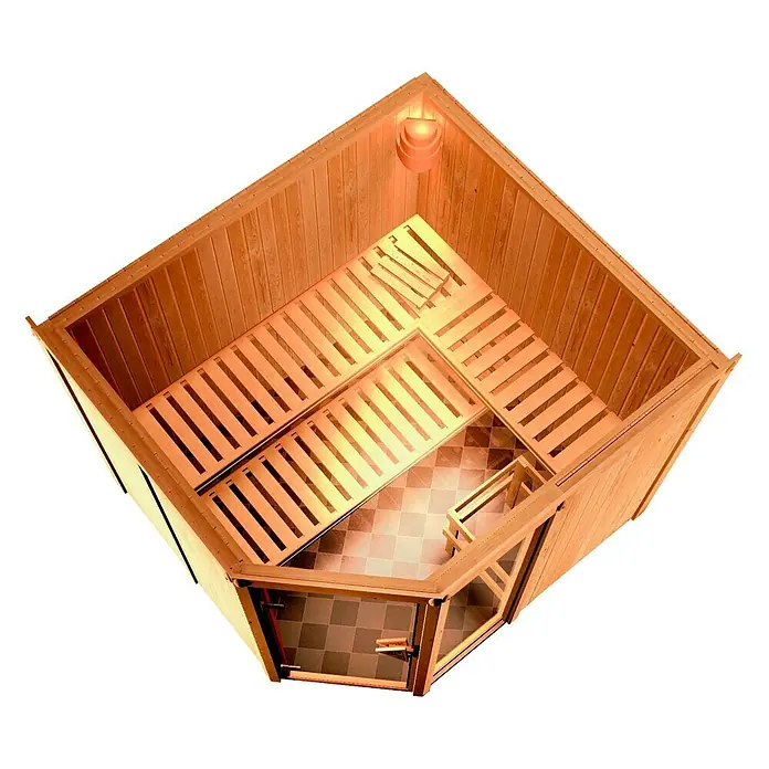Karibu Elementsauna Fiona - Mit 9 kW Ofen mit integrierter Steuerung, Ohne Dachkranz, L x B x H: 231 x 196 x 192 cm - Innenansicht einer Holzsauna mit Bänken und Glasfront. Die Sauna ist mit einem Holzofen ausgestattet und bietet Platz für mehrere Personen.