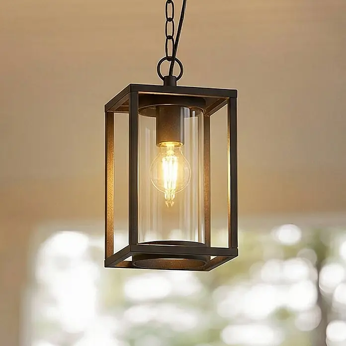 Lucande Außenwand- & Deckenleuchte Ferda - schwarz, schwarz, IP44 - Hängeleuchte aus schwarzem Metall mit klarem Glas und warmer, glühender Edison-Birne.