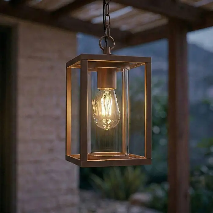 Lucande Außenwand- & Deckenleuchte Ferda - braun / rost, braun / rost, IP44 - Bronze-Außenhängeleuchte mit Klarglas und beleuchteter Edison-LED-Birne, an einer Pergola hängend.