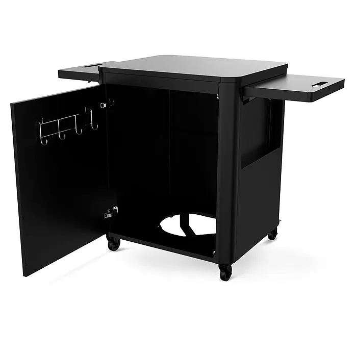 Cozze Unterschrank - L x B x H: 60 x 124 x 83 cm, Schwarz - Schwarzer Outdoor-Küchenwagen auf Rollen mit offener Tür, internen Haken und ausziehbarer Ablage.