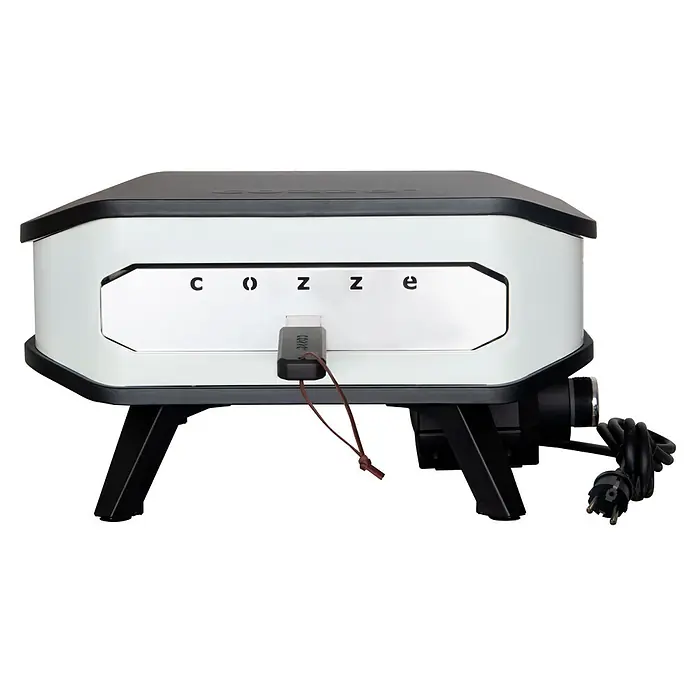 Cozze Pizzaofen Elektro 13 " - B x T x H: 53 x 53 x 29 cm, 2,2 kW - Weißer und schwarzer Cozze Outdoor-Pizzaofen mit Frontgriff und aufgerolltem Netzkabel.