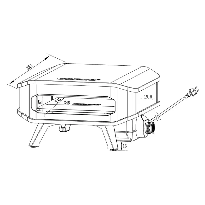 Cozze Pizzaofen Elektro 13 " - B x T x H: 53 x 53 x 29 cm, 2,2 kW - Technische Zeichnung eines tragbaren Gas-Pizzaofens, mit kompaktem Design, Beinen und Kochkammermaßen.