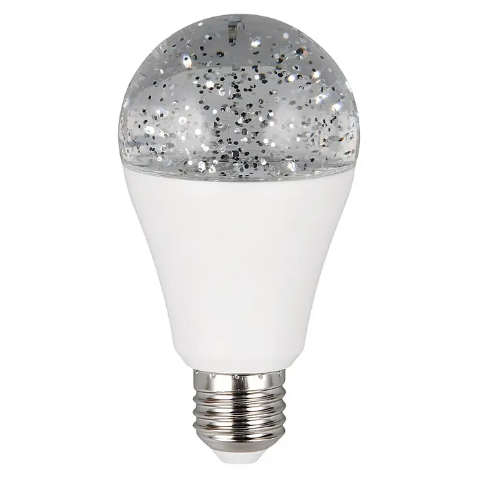 LED-Lampe Tresor R987-1471 mit Glitzereffekt - E27, RGB, 2,5 W - Glühbirne mit klarem Oberteil gefüllt mit silbernem Glitzer, weißem Sockel und Metallsockel.