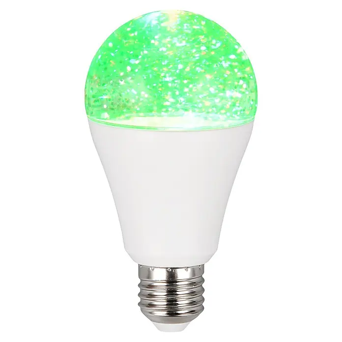 LED-Lampe Tresor R987-1471 mit Glitzereffekt - E27, RGB, 2,5 W - Grüne funkelnde LED-Glühbirne mit weißem Sockel und silberner Kappe.