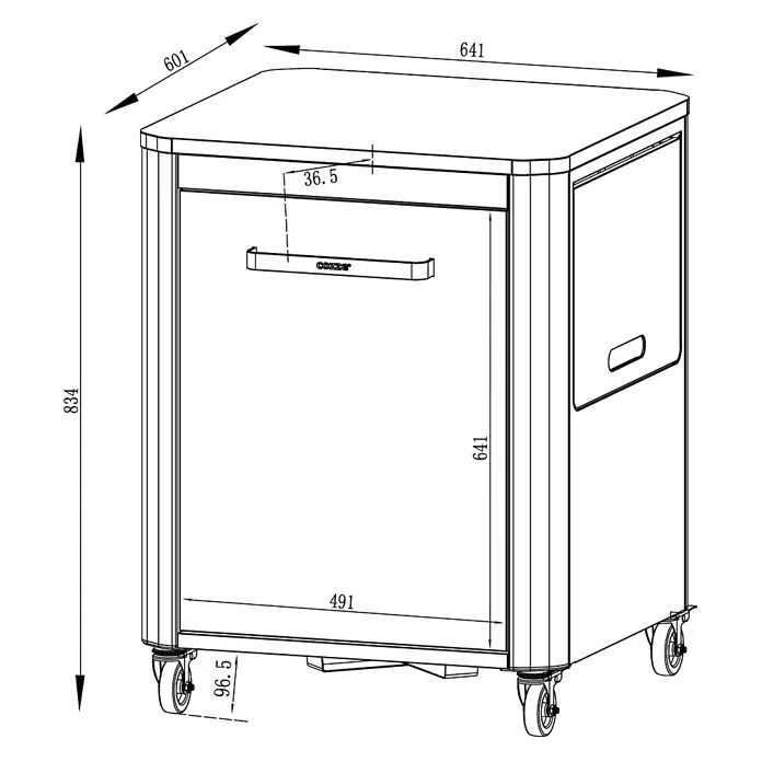 Cozze Unterschrank - L x B x H: 60 x 124 x 83 cm, Schwarz - Technische Zeichnung eines fahrbaren Lagerschranks mit Frontgriff und detaillierten Abmessungen.