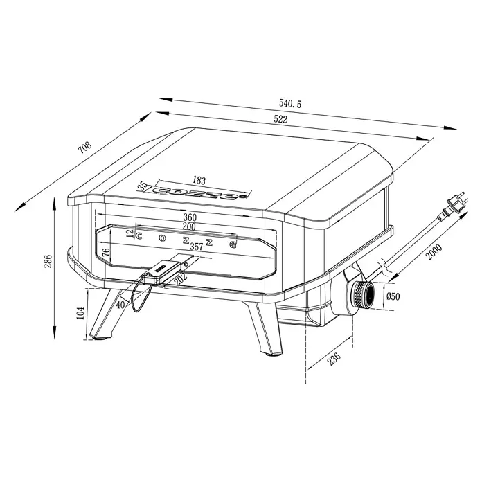 Cozze Pizzaofen Elektro 13 " - B x T x H: 53 x 53 x 29 cm, 2,2 kW - Technische Zeichnung eines Outdoor-Pizzaofens, mit Maßen und Gasanschlussdetails.