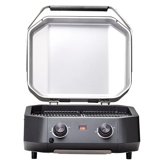 Cozze Elektrogrill E 500 - Grillfläche (B x T): 51 x 39 cm, 2,1 kW, Schwarz - Offener dunkelgrauer Elektrogrill mit silbernem Deckel, Metallgriff, zwei Bedienknöpfen und roter Digitalanzeige.