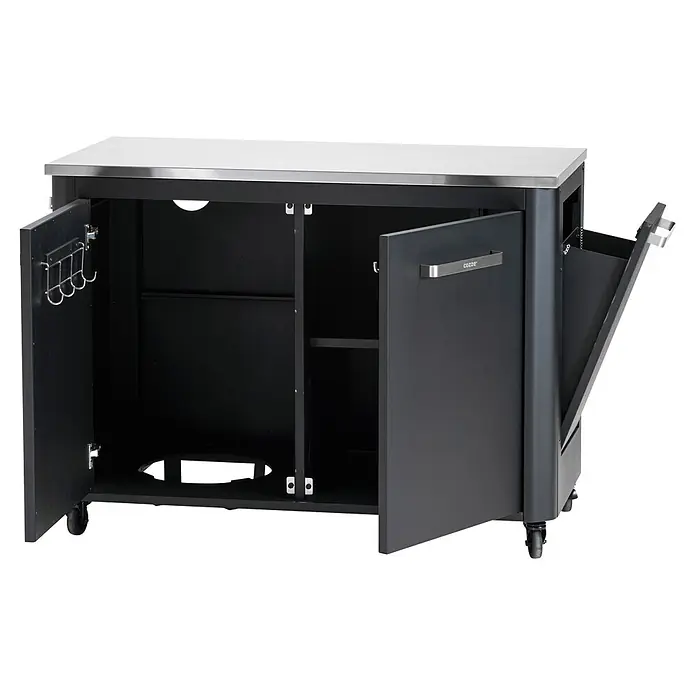 Cozze Outdoorküchen-Modul - Schwarz, B x T x H: 120 x 60 x 90 cm - Dunkelgraue Outdoor-Kücheninsel mit Edelstahlplatte, Innenfächern, Haken, Ausziehbehälter und Rollen.