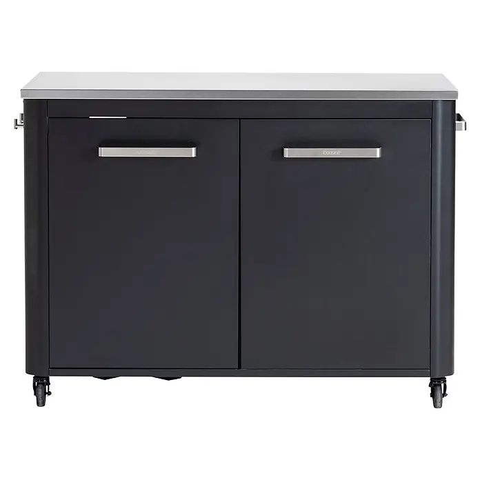 Cozze Outdoorküchen-Modul - Schwarz, B x T x H: 120 x 60 x 90 cm - Dunkelgrauer mobiler Outdoor-Küchenschrank mit hellgrauer Arbeitsplatte, zwei Türen, silbernen Griffen und Rollen.