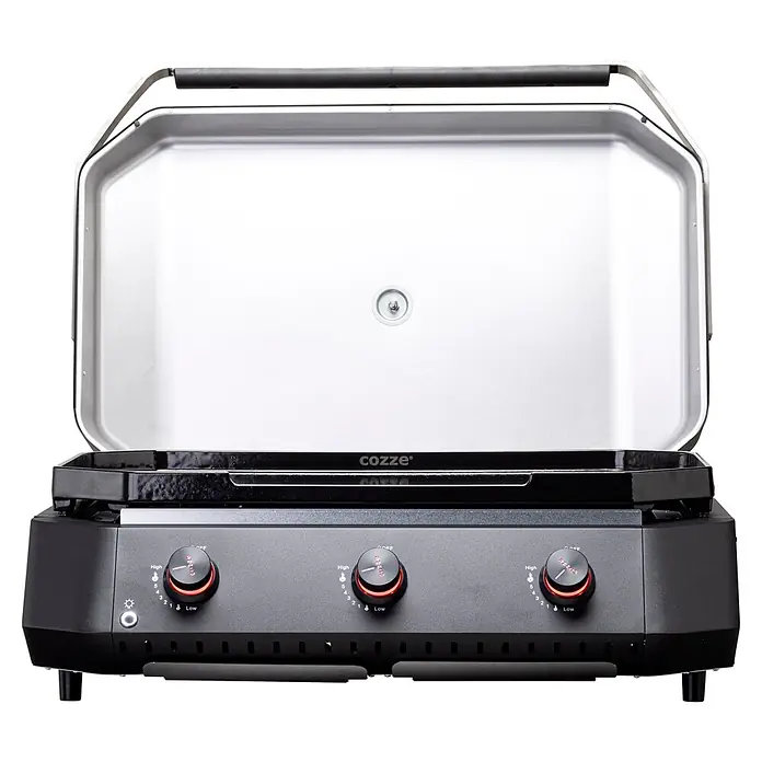 Cozze Plancha-Grill 800 - Grillfläche (B x T): 80 x 50 cm, 7,5 kW, Schwarz - Schwarze Gasgrillplatte mit geöffnetem silbernem Deckel, drei Bedienknöpfen und Zündtaste.