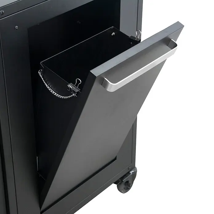 Cozze Outdoorküchen-Modul - Schwarz, B x T x H: 120 x 60 x 90 cm - Dunkelgrauer ausziehbarer Metallbehälter mit silbernem Griff, Kette und Clip innen, in schwarzem Rollschrank integriert.