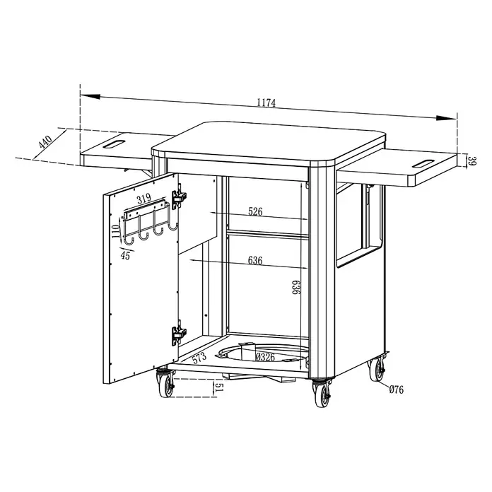 Cozze Unterschrank - L x B x H: 60 x 124 x 83 cm, Schwarz - Technische Zeichnung eines mobilen Grillwagens mit ausziehbaren Seitenablagen, Innenfächern, Haken und Rädern für den Außenbereich.