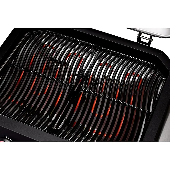 Cozze Elektrogrill E 500 - Grillfläche (B x T): 51 x 39 cm, 2,1 kW, Schwarz - Schwarzer Elektrogrill mit heißen, glühenden orangefarbenen Heizelementen unter dem Rost.