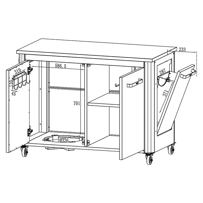 Cozze Outdoorküchen-Modul - Schwarz, B x T x H: 120 x 60 x 90 cm - Technisches Zeichnung eines mobilen Servierwagens mit Fächern, Ablagen, Haken, Müllöffnung und Rollen, mit Maßen dargestellt.