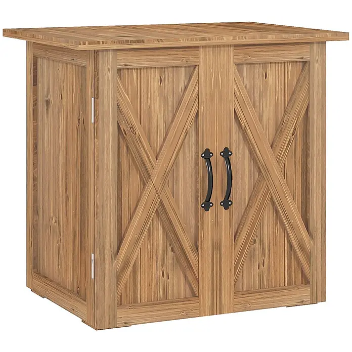Outsunny Geräteschrank - Außenbreite inkl. Dachüberstand: 77 cm, Außentiefe inkl. Dachüberstand: 55 cm, Holz, Braun - Heller brauner Holzschrank mit zwei Scheunentor-Türen und schwarzen Griffen.
