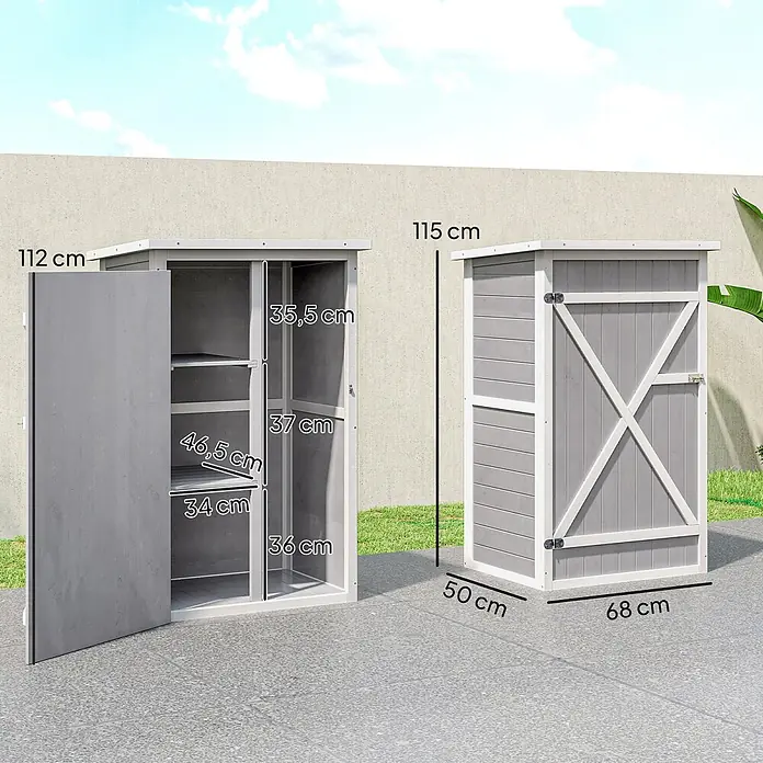 Outsunny Geräteschrank - Außenbreite inkl. Dachüberstand: 68 cm, Außentiefe inkl. Dachüberstand: 50 cm, Holz, Mehrfarbig - Zwei grau-weiße Outdoor-Lagerschränke mit Maßen. Einer ist offen, zeigt Innenfächer; der andere ist geschlossen, zeigt die Außenmaße.