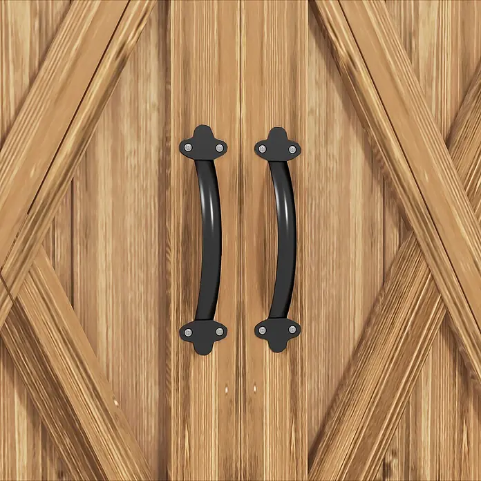 Outsunny Geräteschrank - Außenbreite inkl. Dachüberstand: 77 cm, Außentiefe inkl. Dachüberstand: 55 cm, Holz, Braun - Helle Holztür mit zwei schwarzen Metallgriffen und diagonalen Verstrebungen.