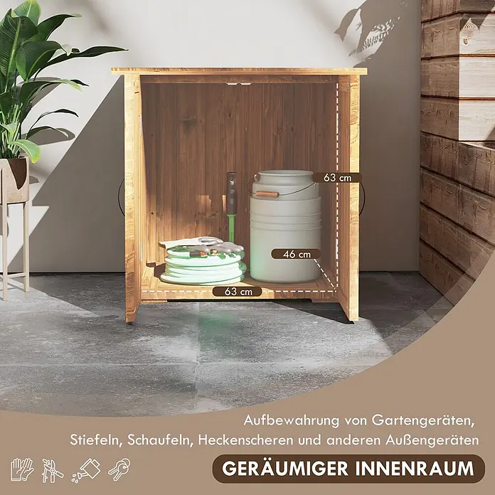 Outsunny Geräteschrank - Außenbreite inkl. Dachüberstand: 77 cm, Außentiefe inkl. Dachüberstand: 55 cm, Holz, Braun - Geräumiger Holz-Gartenschrank mit Schlauch, Kelle und großem Behälter. Abmessungen 63x46 cm angezeigt.
