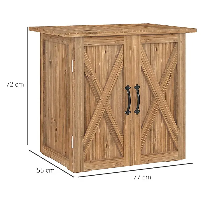 Outsunny Geräteschrank - Außenbreite inkl. Dachüberstand: 77 cm, Außentiefe inkl. Dachüberstand: 55 cm, Holz, Braun - Hölzernes Aufbewahrungsschrank im Scheunentor-Stil mit schwarzen Griffen, 72x77x55 cm.