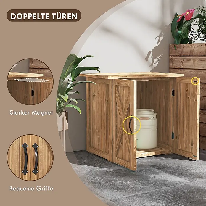 Outsunny Geräteschrank - Außenbreite inkl. Dachüberstand: 77 cm, Außentiefe inkl. Dachüberstand: 55 cm, Holz, Braun - Rustikaler Holzschrank mit Doppeltüren, bequemen schwarzen Griffen und starkem Magnetverschluss, ideal für den Außenbereich.