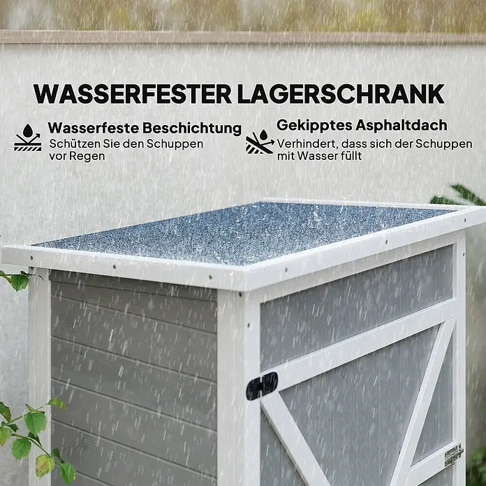 Outsunny Geräteschrank - Außenbreite inkl. Dachüberstand: 68 cm, Außentiefe inkl. Dachüberstand: 50 cm, Holz, Mehrfarbig - Wasserdichter grauer und weißer Außenschrank mit blauem Asphaltdach im Regen. Das geneigte Dach verhindert Wasseransammlungen.