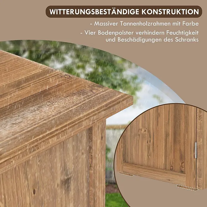 Outsunny Geräteschrank - Außenbreite inkl. Dachüberstand: 77 cm, Außentiefe inkl. Dachüberstand: 55 cm, Holz, Braun - Witterungsbeständiger Holzschrank im Regen, mit lackiertem Tannenholz und Bodenschutz gegen Feuchtigkeit.