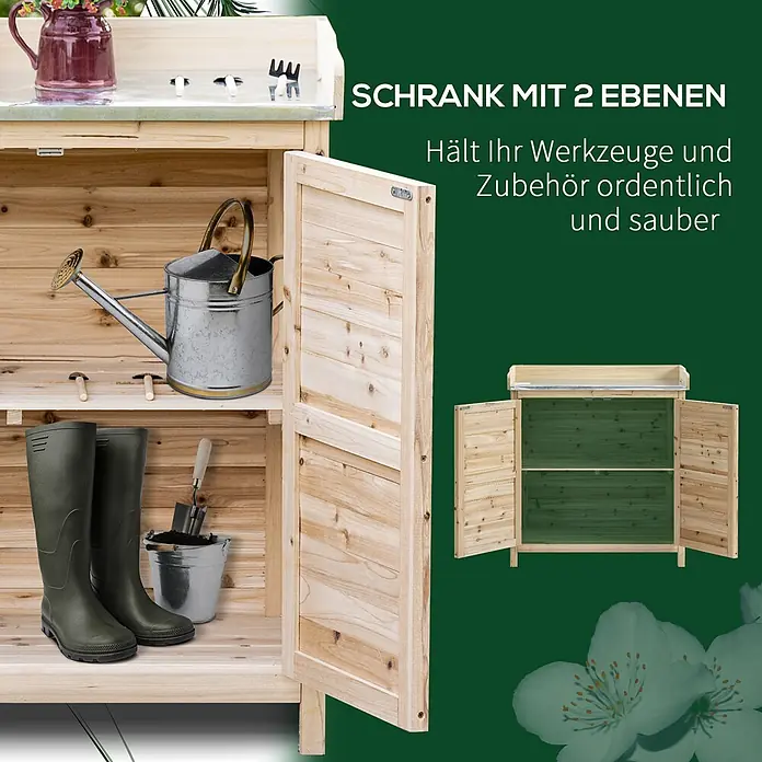 Outsunny Geräteschrank - Außenbreite inkl. Dachüberstand: 83 cm, Außentiefe inkl. Dachüberstand: 40 cm, Holz, Naturholz - Hölzerner Gartenschrank mit zwei Regalböden, der Gartengeräte aufbewahrt. Geöffnete Türen zeigen den Stauraum.
