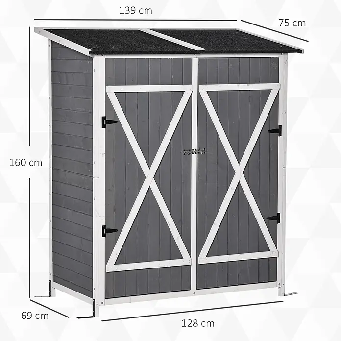 Outsunny Geräteschrank - Außenbreite inkl. Dachüberstand: 139 cm, Außentiefe inkl. Dachüberstand: 75 cm, Holz, Grau+Weiß - Grauer Holzgartenschuppen mit weißem Rahmen und schwarzem Schrägdach, mit doppelten Scheunentüren, ideal für die Gartenaufbewahrung.