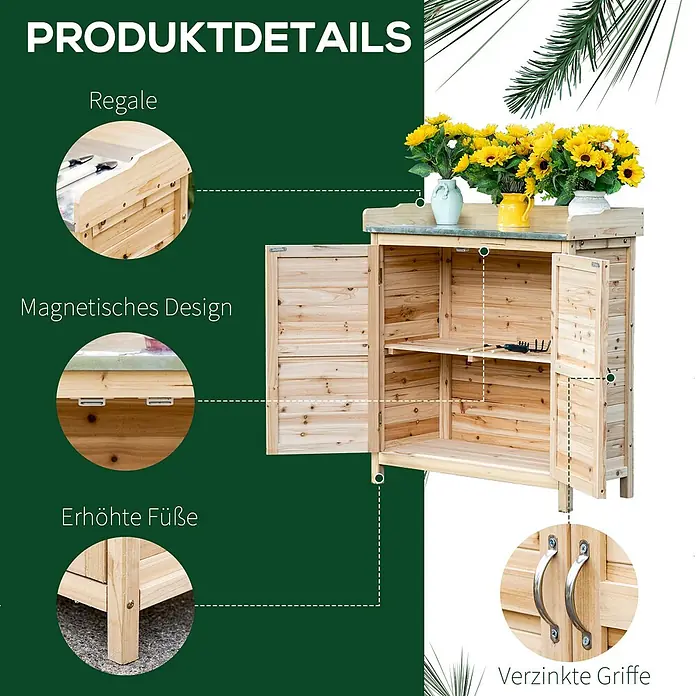 Outsunny Geräteschrank - Außenbreite inkl. Dachüberstand: 83 cm, Außentiefe inkl. Dachüberstand: 40 cm, Holz, Naturholz - Heller hölzerner Pflanztisch/Gartenschrank mit Metallplatte, Regalen, erhöhten Füßen und silbernen Griffen.