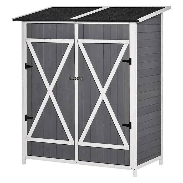 Outsunny Geräteschrank - Außenbreite inkl. Dachüberstand: 139 cm, Außentiefe inkl. Dachüberstand: 75 cm, Holz, Grau+Weiß - Grauer Holzgeräteschuppen mit weißen X-verstrebten Doppeltüren und schwarzem Dach.