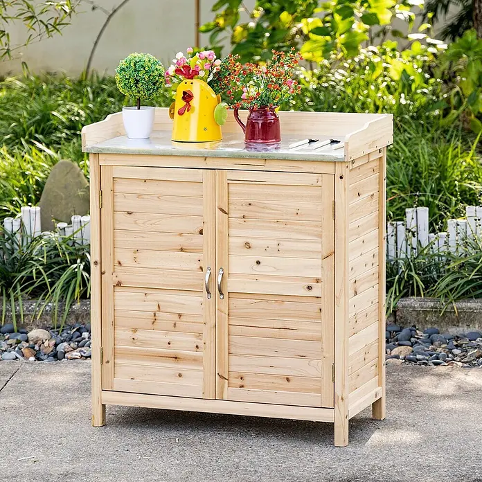 Outsunny Geräteschrank - Außenbreite inkl. Dachüberstand: 83 cm, Außentiefe inkl. Dachüberstand: 40 cm, Holz, Naturholz - Helle Holz-Pflanzbank oder Lagerschrank mit zwei Türen und einer Arbeitsplatte.