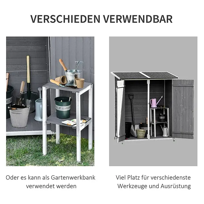 Outsunny Geräteschrank - Außenbreite inkl. Dachüberstand: 139 cm, Außentiefe inkl. Dachüberstand: 75 cm, Holz, Grau+Weiß - Grauer Holz-Gartenschrank mit vielseitigen Einsatzmöglichkeiten, gezeigt mit integrierter Werkbank und Gartengeräten.