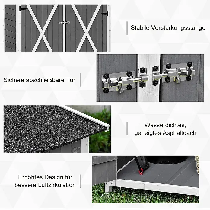 Outsunny Geräteschrank - Außenbreite inkl. Dachüberstand: 139 cm, Außentiefe inkl. Dachüberstand: 75 cm, Holz, Grau+Weiß - Grauer Holzstall mit abschließbaren Türen, wasserdichtem Asphaltdach und erhöhtem Design für Belüftung.