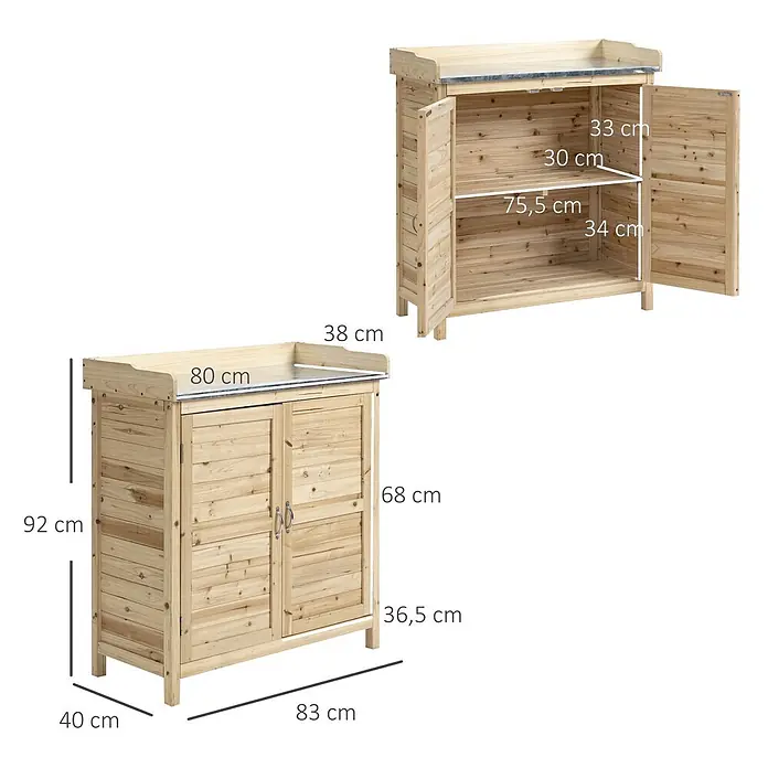 Outsunny Geräteschrank - Außenbreite inkl. Dachüberstand: 83 cm, Außentiefe inkl. Dachüberstand: 40 cm, Holz, Naturholz - Gartenarbeitsschrank aus Naturholz mit verzinkter Metallplatte, zwei Türen und Einlegeböden, Maße sichtbar.