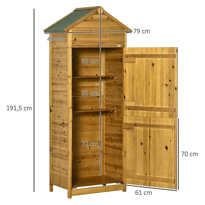 Outsunny Geräteschrank - Außenbreite inkl. Dachüberstand: 79 cm, Außentiefe inkl. Dachüberstand: 49 cm, Naturholz - Brauner Holz-Gartenschrank mit grünem Dach und Innenregalen, H 191,5cm, B 79cm (oben), T 49cm.