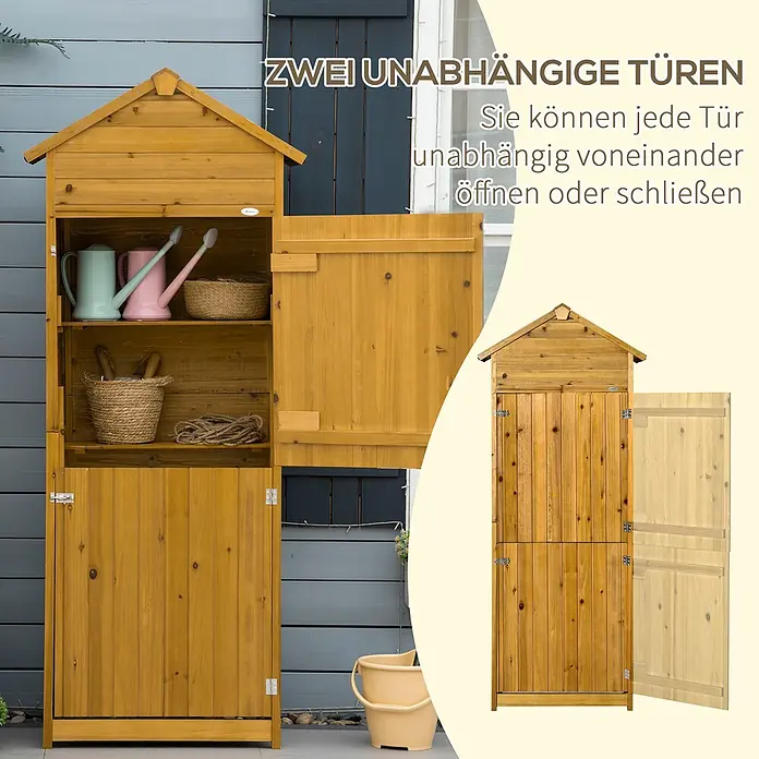 Outsunny Geräteschrank - Außenbreite inkl. Dachüberstand: 79 cm, Außentiefe inkl. Dachüberstand: 49 cm, Naturholz - Gartenschuppen aus Naturholz mit zwei unabhängigen Türen, eine offen mit Regalen.