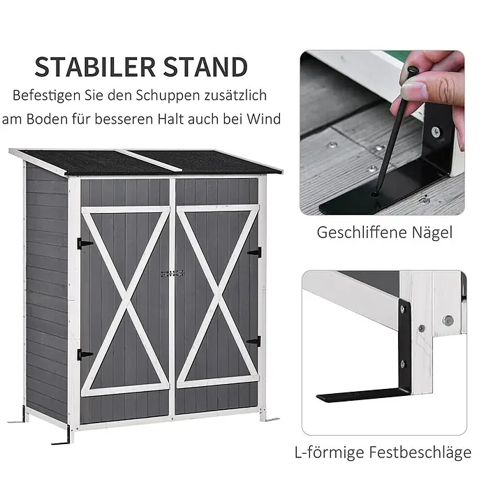 Outsunny Geräteschrank - Außenbreite inkl. Dachüberstand: 139 cm, Außentiefe inkl. Dachüberstand: 75 cm, Holz, Grau+Weiß - Grau-weißer Holz-Geräteschuppen mit L-förmigen Bodenankern für verbesserte Stabilität.