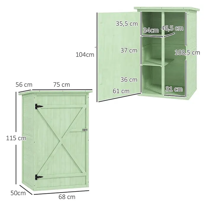 Outsunny Geräteschrank - Außenbreite inkl. Dachüberstand: 75 cm, Außentiefe inkl. Dachüberstand: 56 cm, Holz, Grün - Hellgrüner Holz-Gartenschrank mit Regalböden, Außenmaßen und Innenansicht der Fächer.