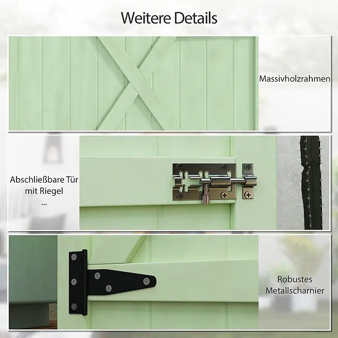 Outsunny Geräteschrank - Außenbreite inkl. Dachüberstand: 75 cm, Außentiefe inkl. Dachüberstand: 56 cm, Holz, Grün - Nahaufnahme einer hellgrünen Holzkonstruktion, zeigt Massivholzrahmen, einen Metallriegel für eine abschließbare Tür und ein robustes schwarzes Metallscharnier.