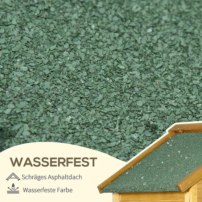 Outsunny Geräteschrank - Außenbreite inkl. Dachüberstand: 79 cm, Außentiefe inkl. Dachüberstand: 49 cm, Naturholz - Grünes körniges Asphaltdachmaterial, das seine wasserdichte Funktion und schräge Bauweise hervorhebt.