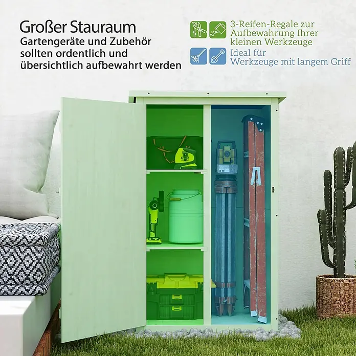 Outsunny Geräteschrank - Außenbreite inkl. Dachüberstand: 75 cm, Außentiefe inkl. Dachüberstand: 56 cm, Holz, Grün - Hellgrüner Gartenschrank aus Holz mit geöffneten Türen, der organisierte Regale für Gartengeräte und langstielige Werkzeuge zeigt.