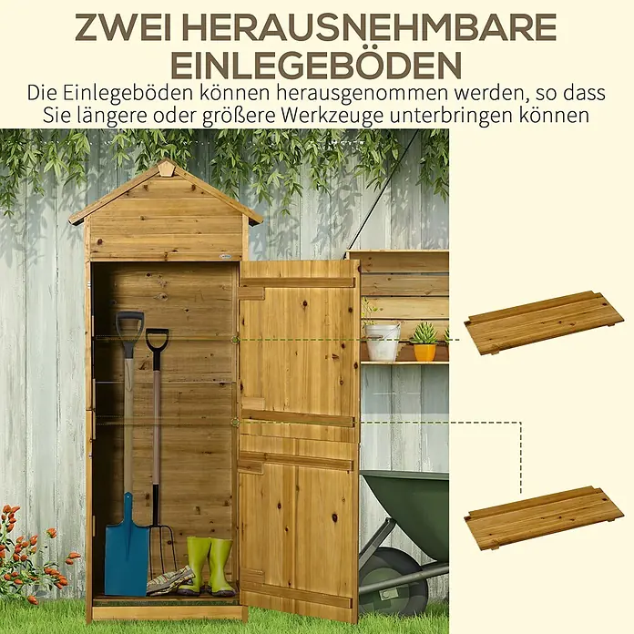 Outsunny Geräteschrank - Außenbreite inkl. Dachüberstand: 79 cm, Außentiefe inkl. Dachüberstand: 49 cm, Naturholz - Holz-Gartenschuppen mit zwei herausnehmbaren Einlegeböden, gezeigt mit Werkzeugen und den Böden separat zur Anpassung.