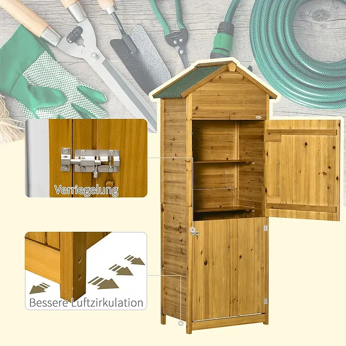 Outsunny Geräteschrank - Außenbreite inkl. Dachüberstand: 79 cm, Außentiefe inkl. Dachüberstand: 49 cm, Naturholz - Hölzerner Gartenschuppen mit Regalen, Verriegelung und erhöhtem Boden für Luftzirkulation.