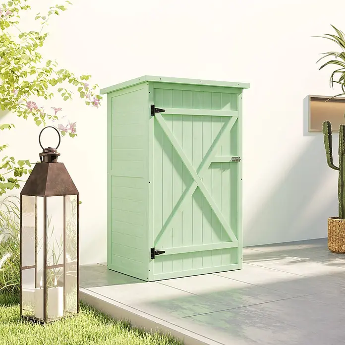 Outsunny Geräteschrank - Außenbreite inkl. Dachüberstand: 75 cm, Außentiefe inkl. Dachüberstand: 56 cm, Holz, Grün - Hellgrüner Holzschuppen für draußen mit Tür und diagonalem Kreuzdesign.