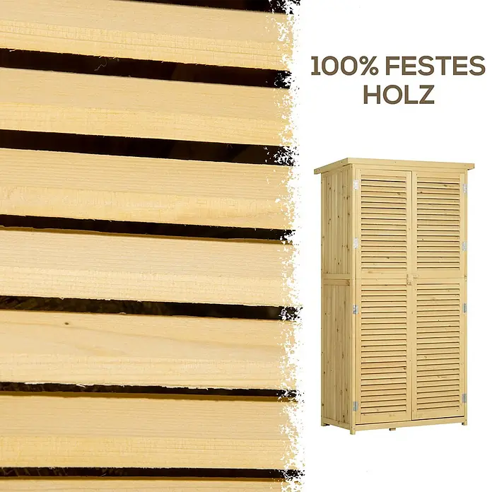 Outsunny Geräteschrank - Außenbreite inkl. Dachüberstand: 87 cm, Außentiefe inkl. Dachüberstand: 46,5 cm, Holz, Naturholz - 100% festes Holz Aufbewahrungsschrank mit heller Naturholzoberfläche und Lamellentüren.
