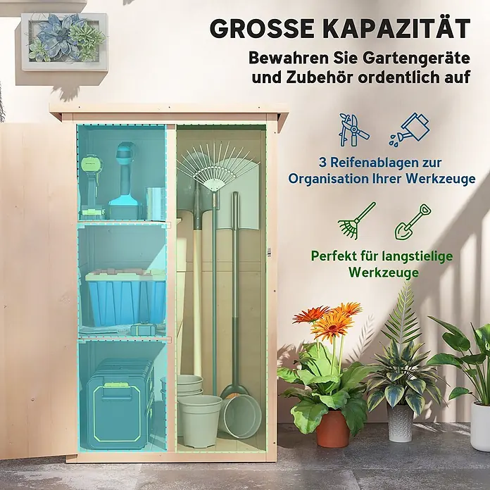 Outsunny Geräteschrank - Außenbreite inkl. Dachüberstand: 75 cm, Außentiefe inkl. Dachüberstand: 56 cm, Holz, Naturholz - Heller Holz-Gartenschrank mit offenen Türen, der organisierte Regale und Platz für langstielige Werkzeuge zeigt.
