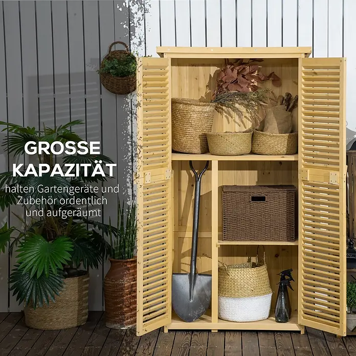 Outsunny Geräteschrank - Außenbreite inkl. Dachüberstand: 87 cm, Außentiefe inkl. Dachüberstand: 46,5 cm, Holz, Naturholz - Heller Holz-Gartenschrank mit Lamellentüren, offen zur Aufbewahrung von Gartengeräten und Körben.